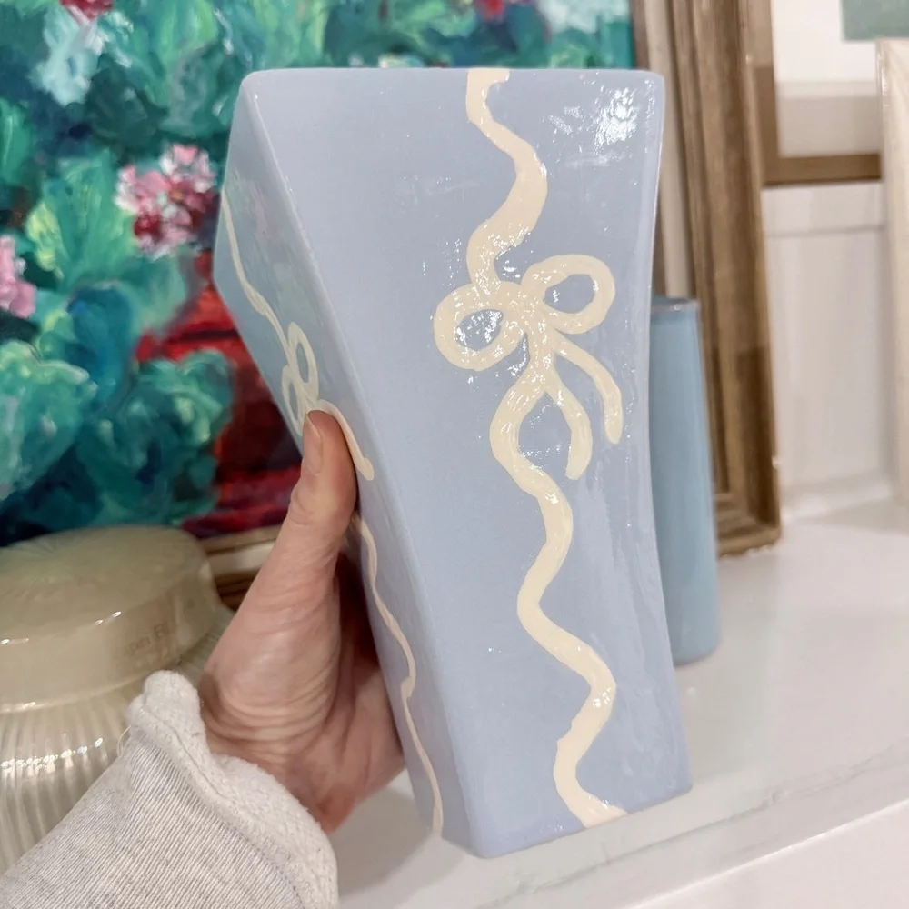 Blue Ceramic Vase Hand-Painted Ribbons